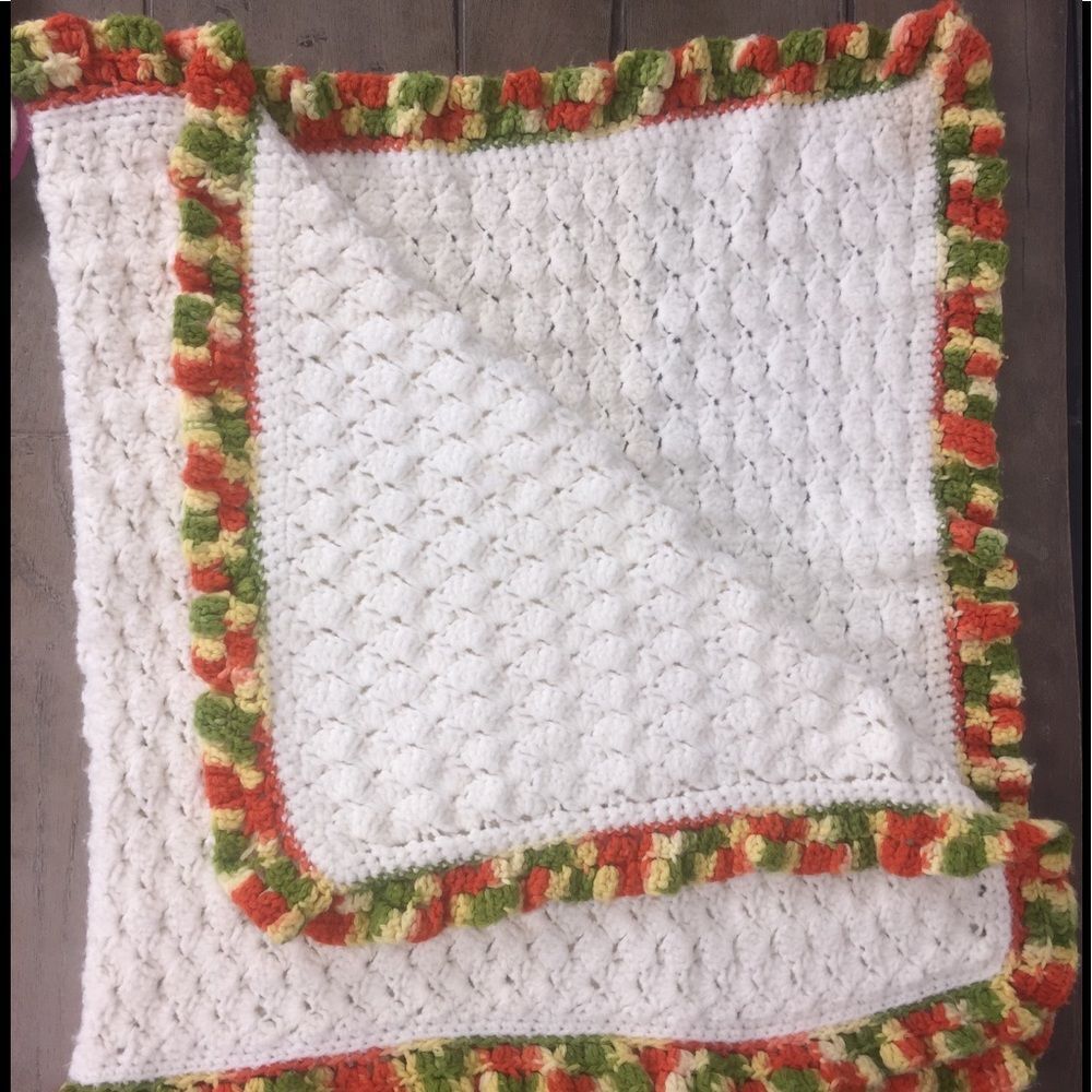 Hand Crocheted Ruffled Baby Blanket Orange Green